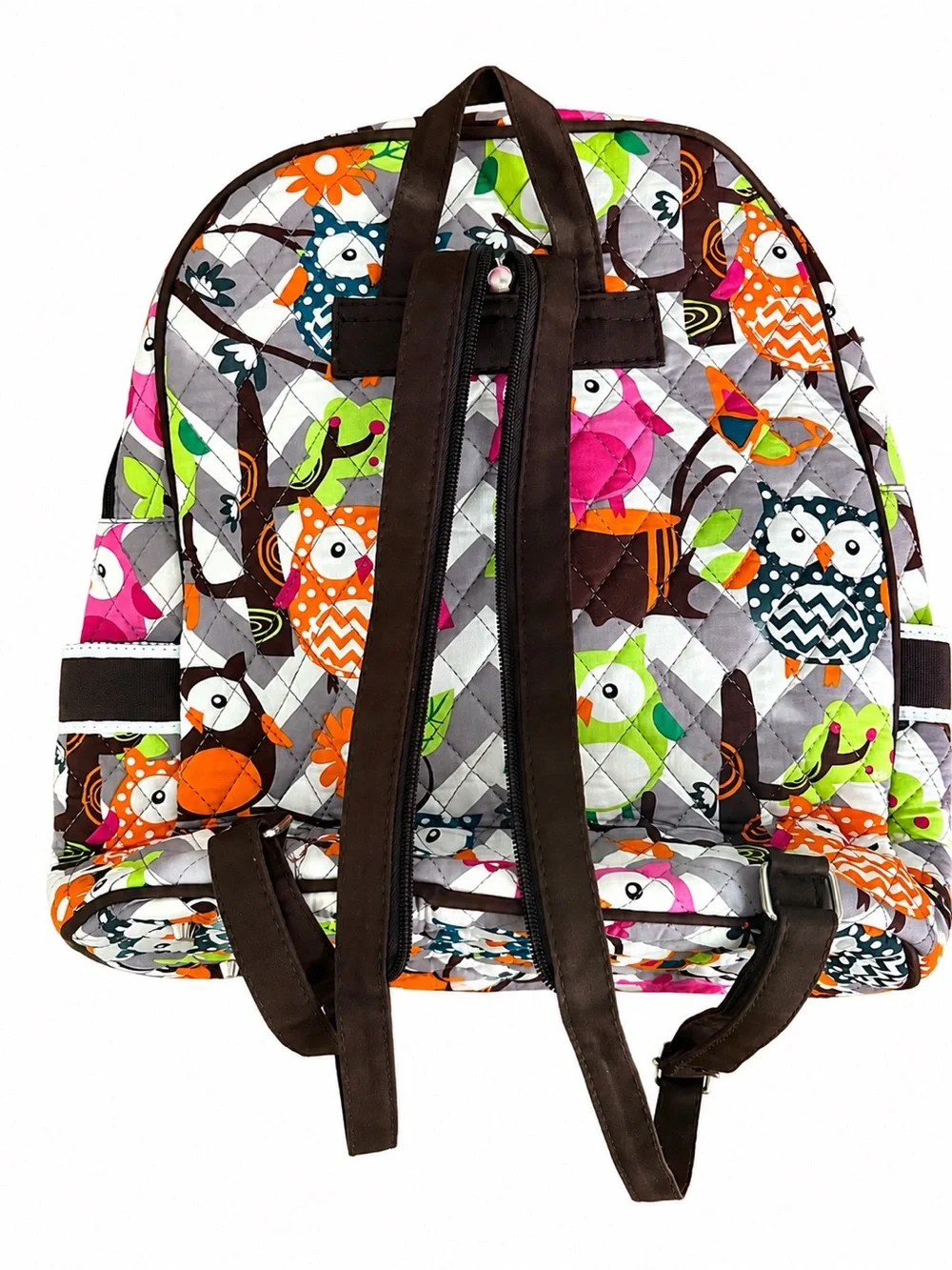 Girls Quilted Owl Backpack with Brown Bow - Pink, Brown & Green